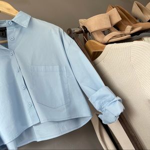 F21 blue poplin cropped collar top nwt